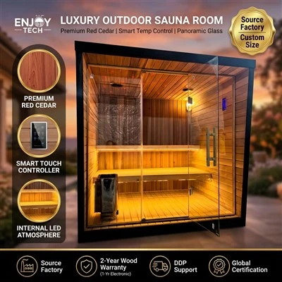 EnjoySaunas moderni lauko pirties kabina su dideliu langu 4 asmenims su vaizdingu vaizdu į sodą